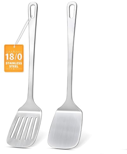 2 Pcs Stainless Steel Spatulas Set, Metal Spatula Solid & Slotted Turner, Heavy Duty Sturdy Spatula for Kitchen Use, High Heat Resistant Cooking Utensils for Fish Eggs Pancakes, Easy to Clean, Silver
