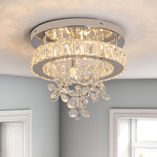 GreeLustr Moderne Kristall Kronleuchter, Runder Dimmbare LED Deckenleuchte, Flush Mount Hängelampe für Esszimmer Wohnzimmer Schlafzimmer Badezimmer Küche, Elegant Art-Déko-Design Dimmbar 30CM