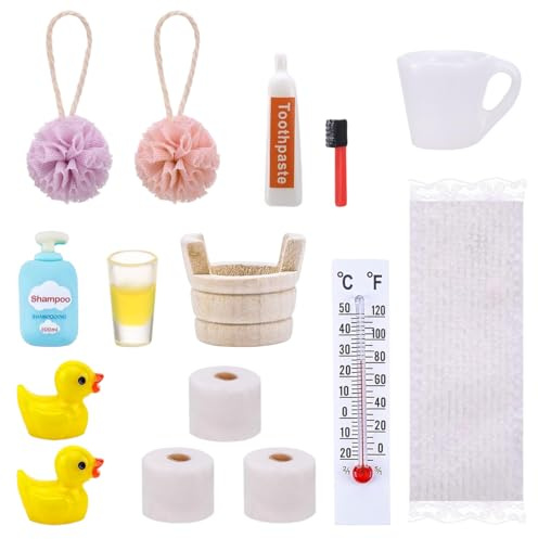 Kleemeiero Wichtel Zubehör Weihnachten 15 Stück Wichtelzubehör Bad Set Miniatur Puppenhaus Zubehör Wichteltür Weihnachtswichtel 1:12 Badeutensilien mit Wichtel Mini Badeschwamm für Miniatur Haus Deko