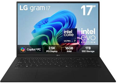 LG gram 17Z90TL - 17 Inch 2.5K IPS Ultra-Lightweight Laptop, Intel Core Ultra 7 256V 47TOPS NPU - EVO Edition, 16GB RAM, 1TB SSD, Windows 11 Home, gram Hybrid AI, Copilot+ PC, Black (2025)