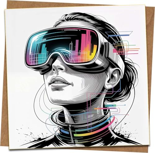 Futuristic VR Headset Graphic Greeting Card – 145mm x 145mm Square – Blank Inside – Sci‑Fi Cyberpunk Art – Includes Kraft Envelope