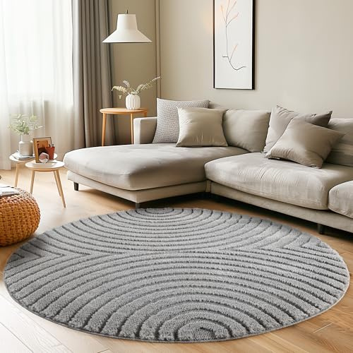 Carpettex Wohnzimmer Teppich Rund 120 cm Grau Hochflor Skandi Boho Design Hoch-Tief Effekt Weicher Shaggy Langflor Flauschig Pflegeleicht Modern für beistelltisch