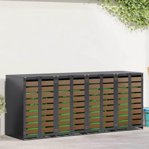 ACAGALA 4-er Mülltonnenbox in Holzoptik, Mülltonnenverkleidung für 4X Tonnen 120 und 240 Liter, Mülltonnenhaus aus Edelstahl mit Gasdruckdeckel, Müllbox mit 2 Türen & Erweiterbar Design, 65x73x113 cm