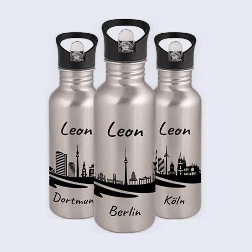 Gravur-Max Kinder Trinkflasche 600 ml personalisiert – auslaufsichere Edelstahl Trinkflasche mit Trinkhalm & Klappdeckel – leicht & robust - mit Skyline von Berlin & Wunschname bedruckt - Silber