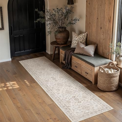 PureCozy Beige LäUfer Flur Teppich 60x240cm Küchenteppich Waschbar Teppiche | Weicher Kurzflor, Rutschfest, Pflegeleicht, Küche, Bettvorleger,Eingang ,Esszimmer,Schlafzimmer,Hallway