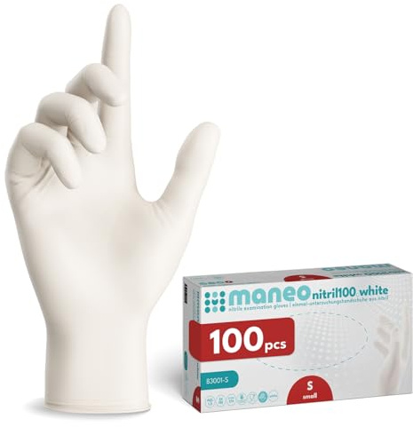 maneo 100 guantes desechables blancos talla S, guantes de nitrilo sin polvo y sin látex, artículos de goma de un solo uso para limpieza, cocina y uso doméstico
