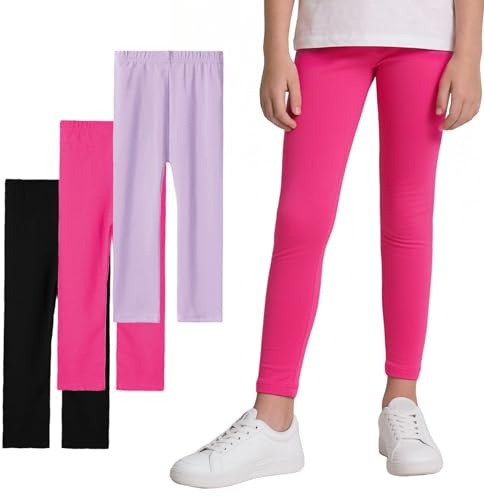 Domueay Leggings Bambina Elasticizzati Pantaloni Lunghi, 3-Pack, 4-12 Anni | Morbidi Traspirante e Comodi, Modale Tinta Unita Pants per Bambine, Casual Bambini Abbigliamento per Sportive Danza Scuola