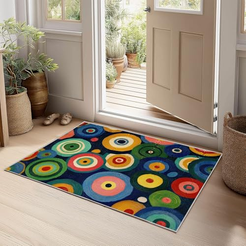 Mid-Century Modern Fußmatte Innen 60 x 90 cm, Waschbare Retro Geometrische Bunte Kreise Kleine Teppiche rutschfest Teppiche Schmutzfangmatte für Haustür, Flur, Küche