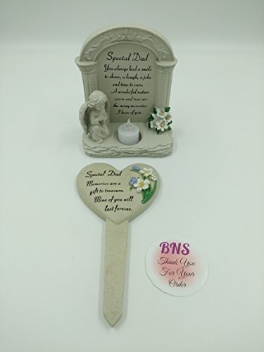David Fischhoff Dad memorial angel tealight holder and garden/grave heart stake bundle