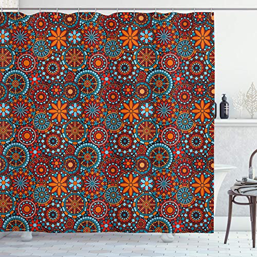 ABAKUHAUS Mandala Duschvorhang, Blumen, Stoffliches Gewebe Badezimmerdekorationsset mit Haken, 175 x 220 cm, Zinnoberrot Himmelblau Rubin