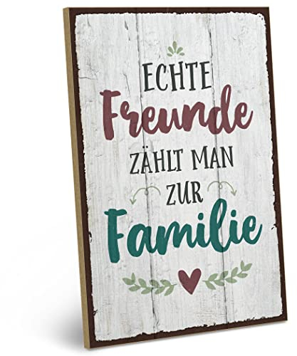 ARTFAVES® Wandbild Holzschild mit Spruch - ECHTE FREUNDE ZÄHLT MAN ZUR FAMILIE - Türschild Retro Vintage Deko Bild Geschenk - Freundschaft, Familie