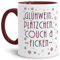 Weihnachts-Tasse mit Spruch Glühwein, Plätzchen, Couch & Ficken - Geschenk-Idee/Lustig/Witzig/Mug/Cup/Innen & Henkel Weinrot