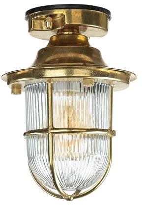 Licht-Erlebnisse Außen Deckenleuchte Messing, Glas, geriffelt, Deckenlampe Maritim, IP54, Außenlampe E27, H:23 cm, Antik, Garten, Terrasse, Deckenlampe, Außenleuchte