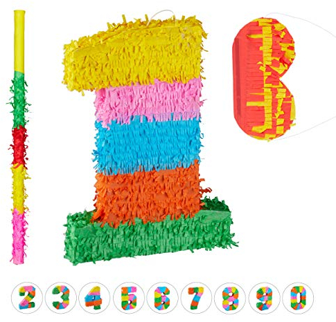Relaxdays 3 TLG. Pinata Set Geburtstag, Zahl 1, Pinatastab mit Augenmaske, Kinder & Erwachsene, Piñata zum selbst Befüllen, bunt