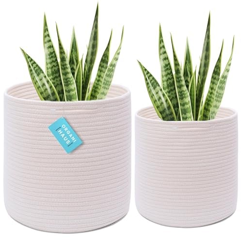 OrganiHaus Gewebter Pflanzen Übertopf Korb im 2er-Pack, Indoor Boho Korb Pflanze, Topfüberzüge aus Baumwollseil, Pflanzentopf Korb (Off-Weiß, 25cm und 30cm)