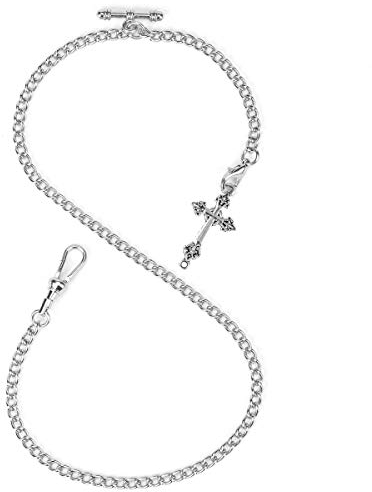 ManChDa Albert Chain Taschenuhr, T-Bar-Kette mit Kreuzanhänger, Curb Link Chain 2 Haken Antike Fob T-Bar für Herren (Silber)