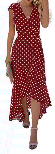 GRECERELLE Womens Summer Maxi Dress Boho Floral Cocktail Polka Dot Wrap Dresses V Neck Casual Party Bohemian Flowy Long Dress for Ladies (Polka Dots-Wine Red, L)