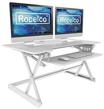 Rocelco 102cm Standing Desk Converter with Retractable Keyboard Tray - Dual Gas Spring Lift - Height Adjustable Sit Stand Computer Workstation Riser for Two Monitors and Laptop - White (R DADRW-40)