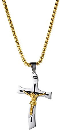 JewelryWe Schmuck Herren Kreuz Halskette mit Edelstahl INRI Kruzifix Jesus Christus Anhänger & Weizenkette Gold