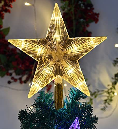 Christmas Tree Topper Star Gold Christmas Tree Star with 10 LED Warm Lights,Light Up Xmas Tree Topper Xmas Decorations for Home Party Decor(16x18cm)