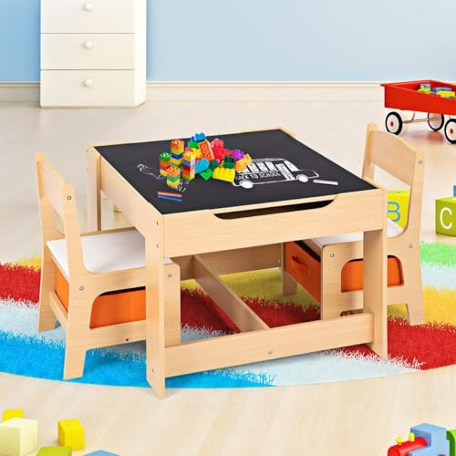 RELAX4LIFE Tavolino Bambini con Sedie, Tavolino Legno 3 in 1, Tavolo per Bambini con Piano Reversibile (Lavagna/Bianco) e 2 Sedie con Cassetti (62 x 62 x 48,5 cm, Naturale)