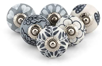 Craft Trade Dresser Knobs for Cabinets and Drawers - Assorted Ceramic Pull Handle for Kitchen Cupboard Wardrobe Decorative Furniture Hardware - Grey - Pack of 6