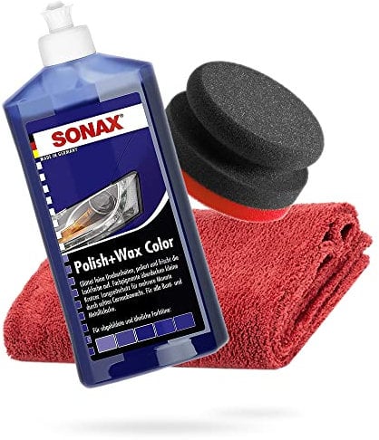 detailmate SONAX Hand Polier Bundle - SONAX Polish+Wax Color blau 500ml Handpolierschwamm hart Ø90/50mm Edgeless Mikrofaser Poliertuch 550GSM rot