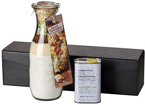 Geschenkset Krustenbrot mit flüssigem Gold | 1 Weckglas mit Backmischung für Speck-Tomaten Krustenbrot und 1 Dose Olivenöl in einer hochwertigen Geschenkbox