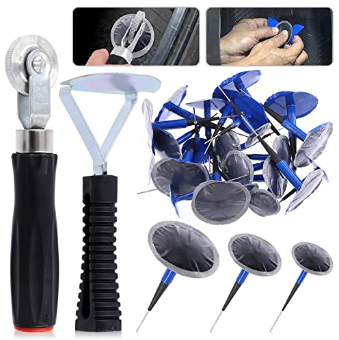 Glarks 26Pcs Tire Repair Patch Tool Kit Including 1Pc Tire Patch Roller, 1Pc Tire Inner Liner Scraper and 24Pcs 4mm/6mm/9mm Tire Repair Patch Plug for Car, Motorcycle, Electric Vehicle Repairing