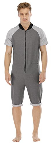 QIYUANT Kort jumpsuit för män, onesie, sommaroverall, pyjamas, huvtröja, joggingdräkt, män, t-shirt, korta byxor, pyjamas, sommarjumpsuit, sovoverall nattkläder, Mörkgrå, ljusgrå, XXL