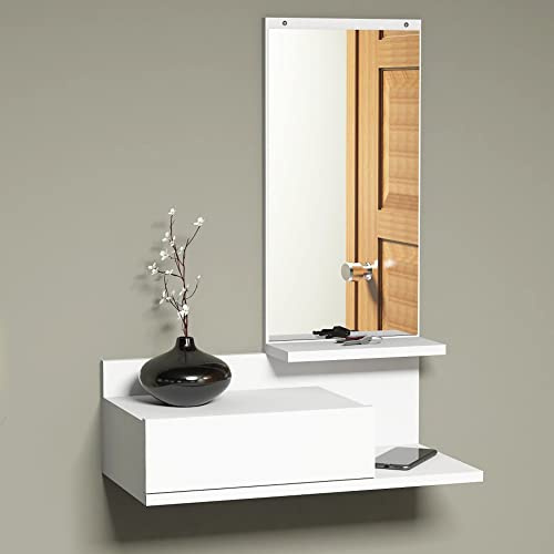 [en.casa] Wandregal Gundsø Regal hängend Weiß mit Schublade Hängeregal mit Spiegel Schweberegal Flur Wandboard
