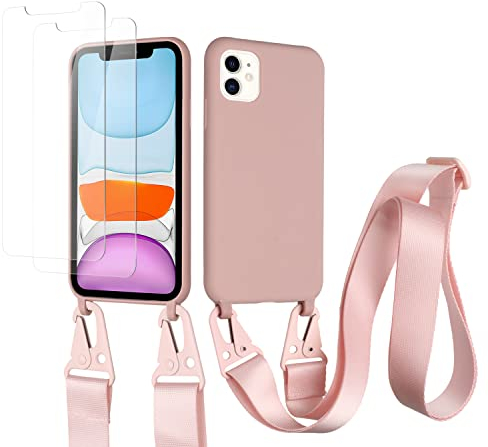 vrupin kompatibel mit iPhone 12 Handykette Hülle,[2 Stück Schutzfolie 9H Härte Gehärtete Folie].Necklace Hülle Nylon Schultergurt Weich Flüssiges Silikon-Lotus Farbe