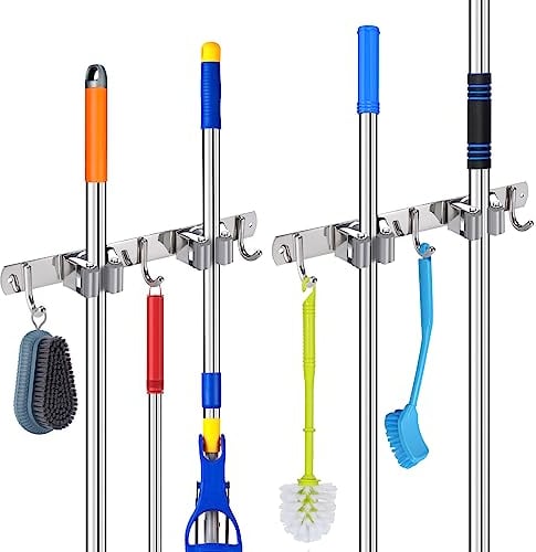 Hejo 2 Stück Besenhalterung Wand, 304 Edelstahl Gerätehalter Besen Mop Halter, Wandhalterung Besen mit 2 Halter und 3 Haken für Küche, Badezimmer, Garten, Zuhause Garage (Grau)
