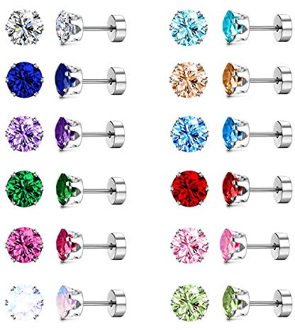 Dochais 12 Paar Edelstahl Ohrstecker Set für Damen Herren Ohrstecker Silber Klein Ohrringe Stecker Bunt Damen Hypoallergene Cubic Zirkonia Ohrringe Helix Knorpel Piercing für Frauen Mädchen