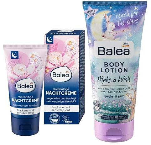 Balea 2er-Set Hautpflege: REICHHALTIGE NACHTCREME intensive Feuchtigkeit mit Mandelöl (50 ml) + Bodylotion MAKE A WISH verwöhnende Pflege für den ganzen Körper mit magischem Duft (200 ml), 350 ml
