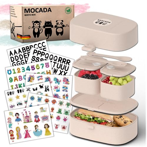 MOCADA® Brotdose Kinder mit Fächern - Auslaufsicher – Bento Box Kinder, Lunchbox Schule – Jausenbox kinder – Nachhaltige Brotdose mit Besteck & 216 Sticker, Brotbox für Mädchen & Jungen (Beige)