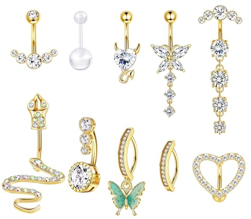 CASSIECA 10 Stück 14G Gold Bauchnabelpiercing Chirurgenstahl Langer Anhänger Dangly Zirkonia Schlange Schmetterling Clicker Piercing Bauchnabel Bauchnabelpiercings Schmuck Set