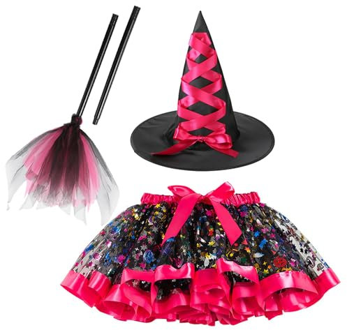 Hifot Disfraz Bruja Niña,Tutu Halloween con Sombrero Bruja Escoba Bruja Disfraz Halloween Niña Disfraces Carnaval