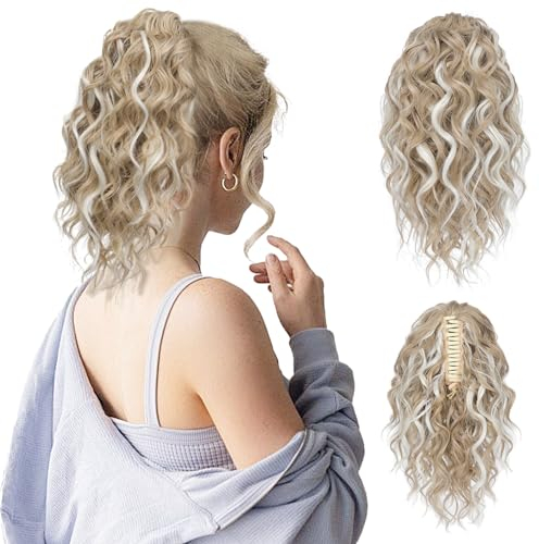 FLUFYMOOZ Ponytail Extension, 31CM kurze Klauen Pferdeschwanz Haarverlängerung, gewellte, lockige Pferdeschwanz mit Kinnclip, synthetische Perücken für Frauen Hellblond mit weißen blonden Highlights