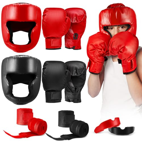 Kanayu 12-teiliges Kinder-Boxausrüstungs-Set mit Boxhelm und Handschuhen, Handbandagen, Sport-Mundschutz, Taekwondo, Sparringausrüstung für Anfänger, Kinder und Kinder im Alter von 6–18 Jahren