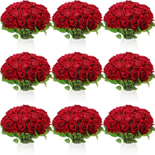 Jexine Künstliche Rosen mit langem Stiel, realistische Seidenrosen, Blumenstrauß für Tischdekoration, Vasen, Hochzeit, Party, Küche, Dekoration, Weinrot, 100 Stück