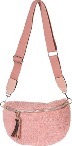 styleBREAKER Damen Teddyfell Halbmond Crossbody Schultertaschen Einfarbig, verstellbarer Schultergurt 02012403, Farbe:Altrose