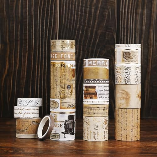 NOGAMOGA Washi Tape Set, 20 Rollen Vintage Washi-Tape, Journaling Supplies, Breit Bastelband mit goldenen Akzenten, Washi Tapes für Scrapbooking Junk Journal Basteln Geschenkverpackungen