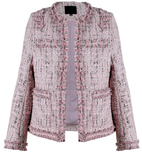 Leyoutx Damen Kragenloser Plaid Tweed Blazer Elegant Open Front Fransen Casual Business Glitzer Jacke