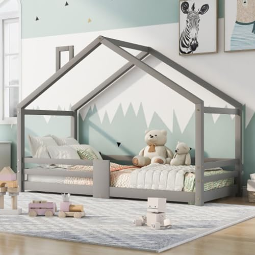 buiesjole Kinderbett 90x200 cm Hausbett Mit Schornstein Rausfallschutz Und Lattenrost Bodenbett Kiefernholz Für Kinderzimmer Jugendbett Für Kinder Und Jugendliche Grau