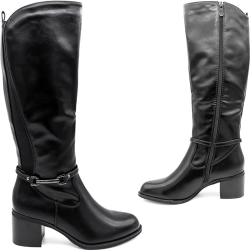CIARA LONDON Stivali lunghi invernali da donna in ecopelle elastica al ginocchio, Nero , 40 EU