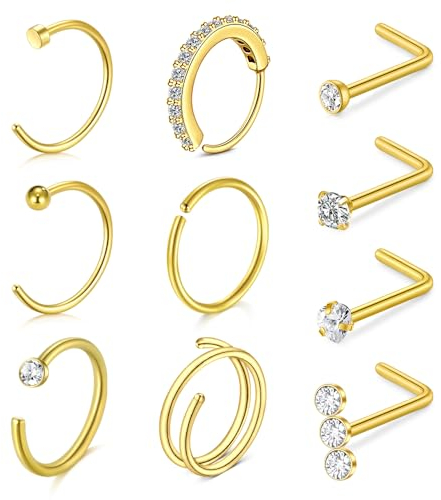 NIUSIMAN 10 Stück Nasenpiercing Ring Stecker Gold 20G L Nasenpiercing Ring Dünn Chirurgenstahl Kleine doppelte Nasenring Reifen Kristallkugel Flache Spitze Chirurgenstahl Nasenringe Piercing Schmuck