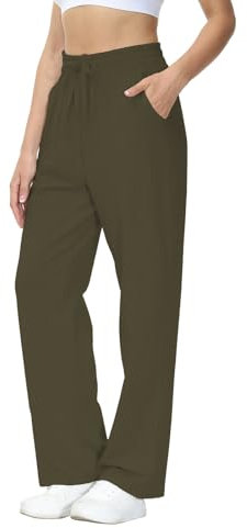 HMIYA Jogginghose Damen Baumwolle Freizeithose Lang offenem Boden Yogahose Sporthose Geradem Bein Hose mit Taschen(Armeegrün L)