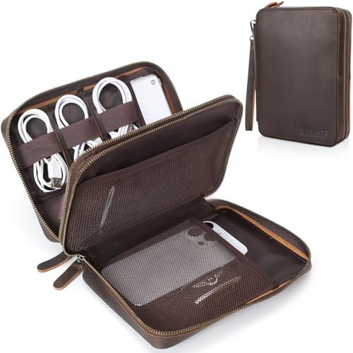 Polare Full Grain Leather Travel Cable Organizer Case Electronics Accessories Carry Bag with YKK Zippers All-in-One Storage Bag for Cables, Power Bank, USB, SD Card, Travel Essentials, Dark Brown (M