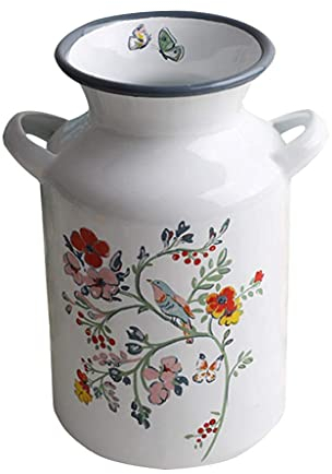 Vases Enamel Nordic Pastoral Style Flower and Bird Story Binaural Enamel Milk Jug Decoration Enamel Cooler Jug (Color : White, Size : 11.5×10×20cm) vase